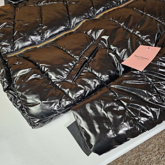 NWT Juicy Couture Kids Puffer Jacket Girls M 10/12 Shiny Black Faux Fur Hooded - Picture 4 of 8